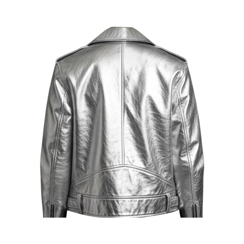 Womens Silver Metallic Lambskin Leather Style Biker