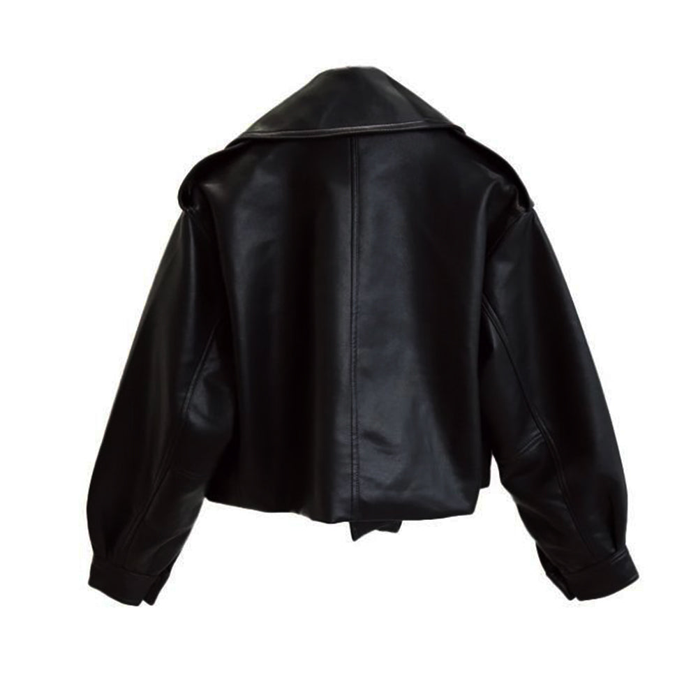 Women's Lambskin Leather Motorcycle Jacket Cropped Oversized
