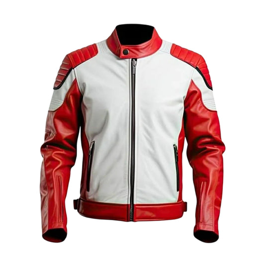 Motorcycle Racing Jacket, Red and White, Leather, Padded Shoulders, Full Zip Front