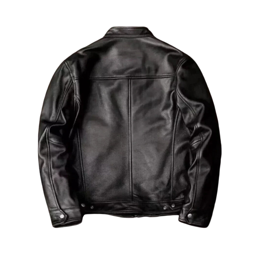 Men's Genuine Leather Motorcycle Jacket, Black, Zip-Up Biker Style with Multiple Pockets, Stand Collar