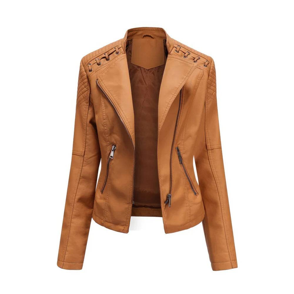 Women’s Camel Brown Biker Genuine Sheepskin Jacket