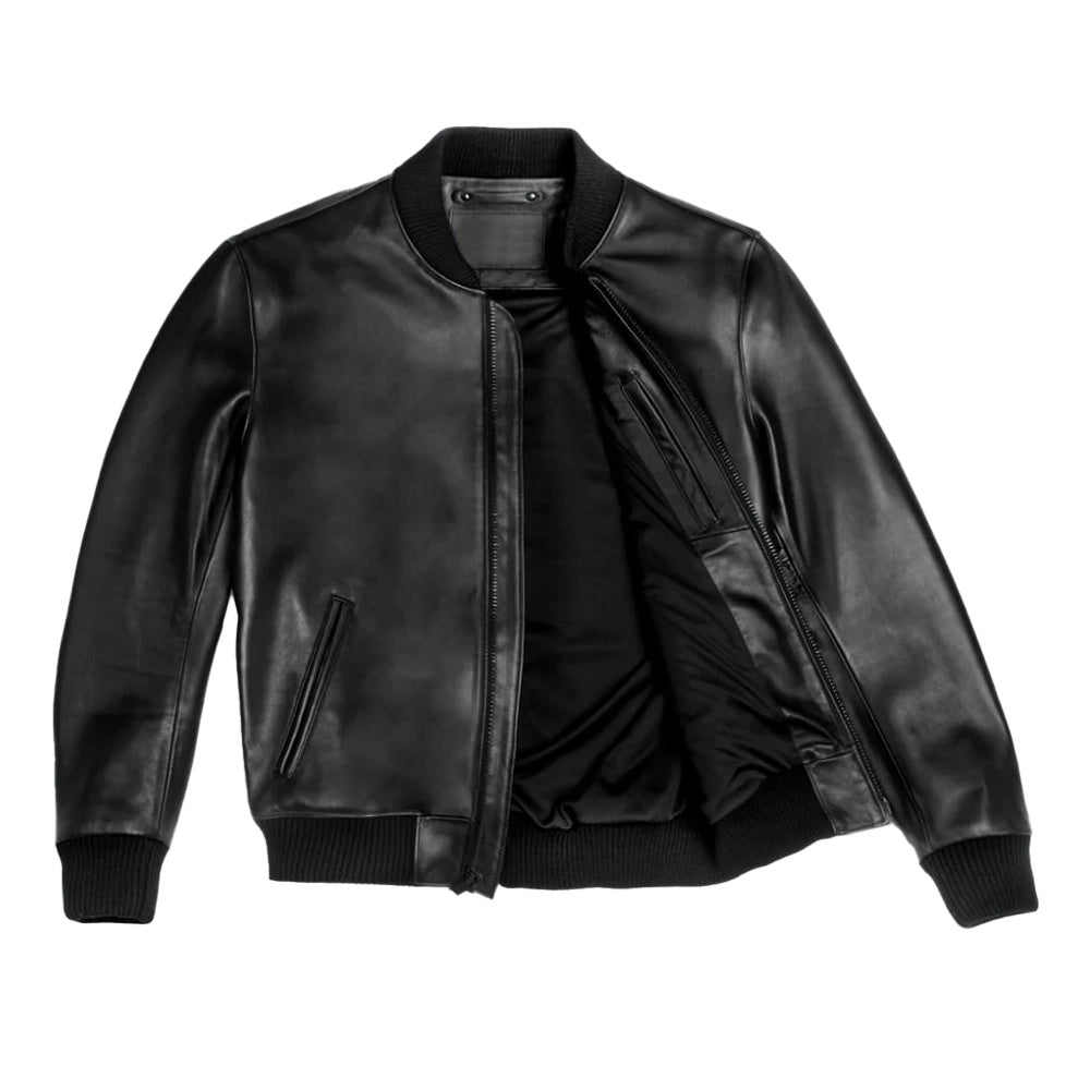 Men Black Bomber Ribbed Leather Jacket