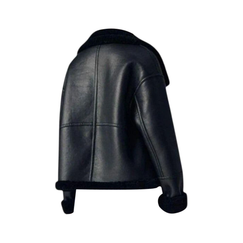Women Winter Leather Real Wool Jacket Loose Fit Warm Sheep Fur Lining Overcoat Single Breasted Motorcycle Biker Coat
