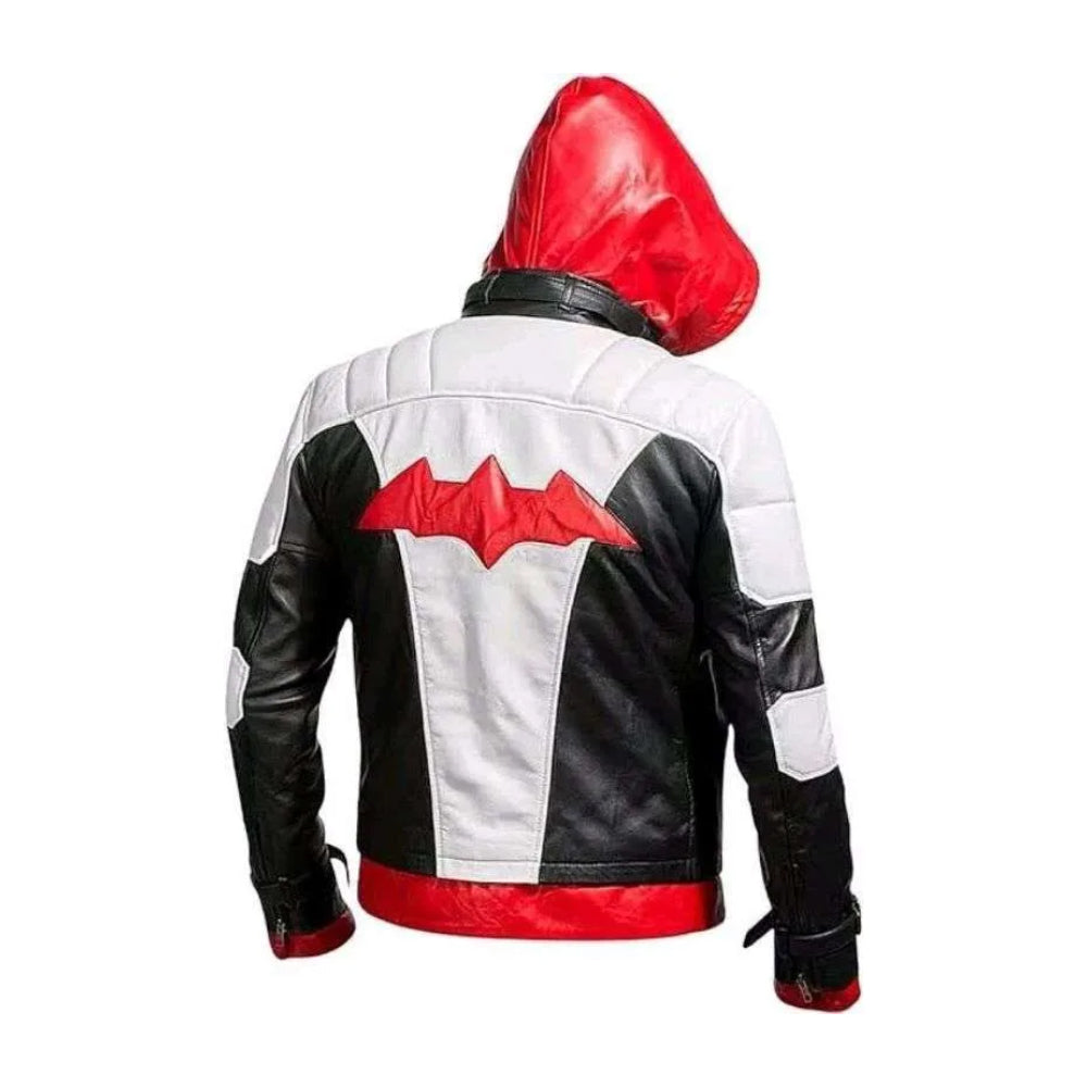 Red Hood Jacket Mens Arkham Jason Todd Bat Logo Black Costume Biker Faux Leather