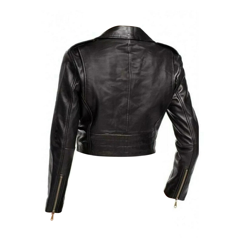 Women's Genuine Leather Biker Jacket - Black Cropped