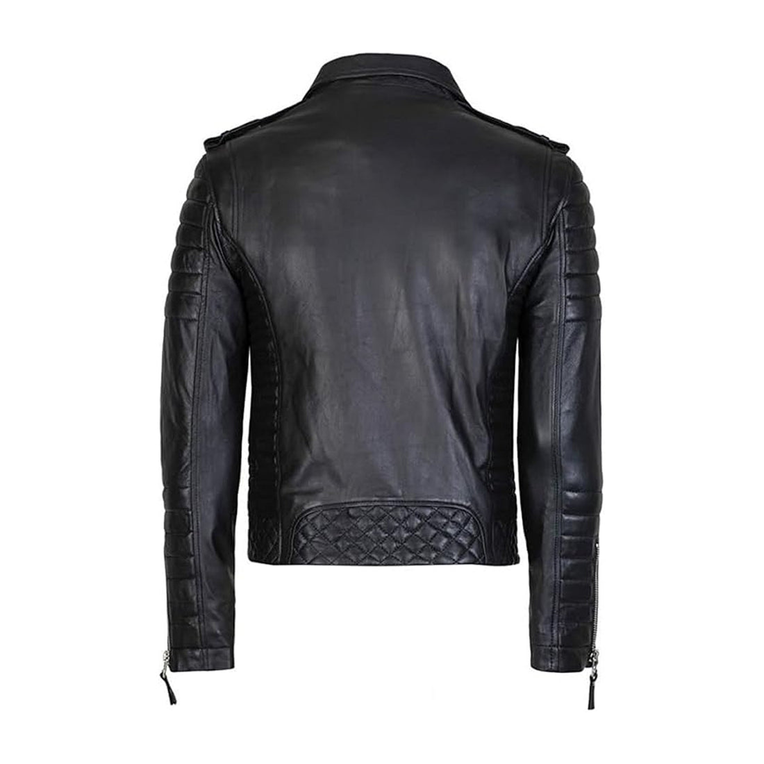 Men's Black Leather Biker Jacket with Quilted Design