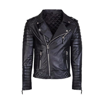 Men's Black Leather Biker Jacket with Quilted Design