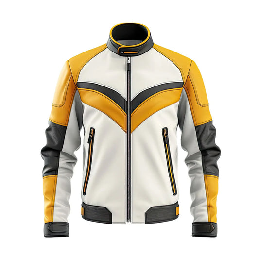Men's yellow leather jacket, Moto Jacket, Casual Racing Style, Zip Front, Stand Collar, Lightweight