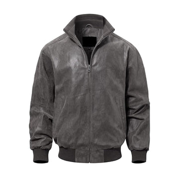Men's Grey Real Leather Bomber Casual Jacket