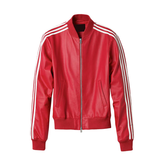 Men's Red bomber style jacket Genuine Sheepskin Leather Baseball Jacket, Rib Knit Collar, Sporty Style