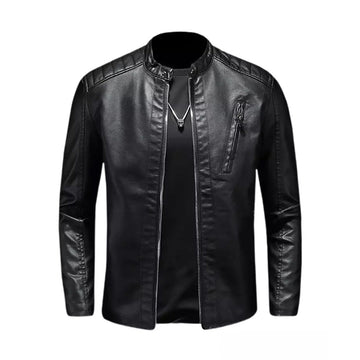 Men's Real Black Leather Jacket with Quilted Shoulders and Collar ll Slim Fit