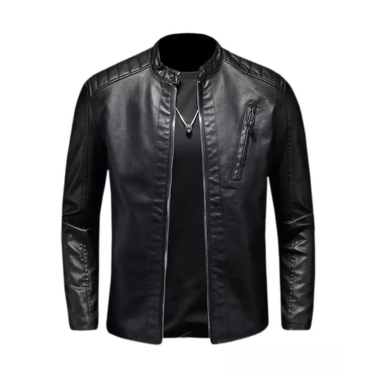 Men's Real Black Leather Jacket with Quilted Shoulders and Collar ll Slim Fit