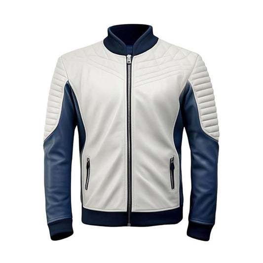 Men's Quilted Leather Motorcycle Jacket, White and Navy Blue, Full Zip Front, Ribbed Collar