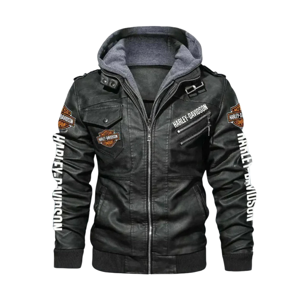New Harley Davidson Cowhide Black Leather Biker Hoodie Jacket