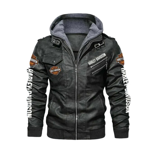 New Harley Davidson Cowhide Black Leather Biker Hoodie Jacket