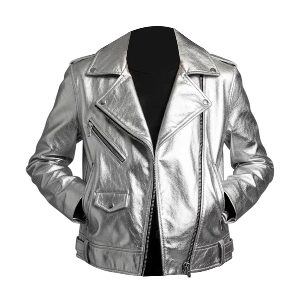 Womens Silver Metallic Lambskin Leather Style Biker
