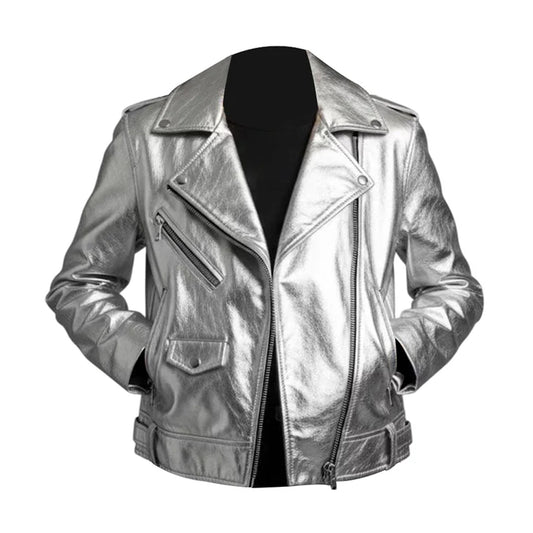 Womens Silver Metallic Lambskin Leather Style Biker