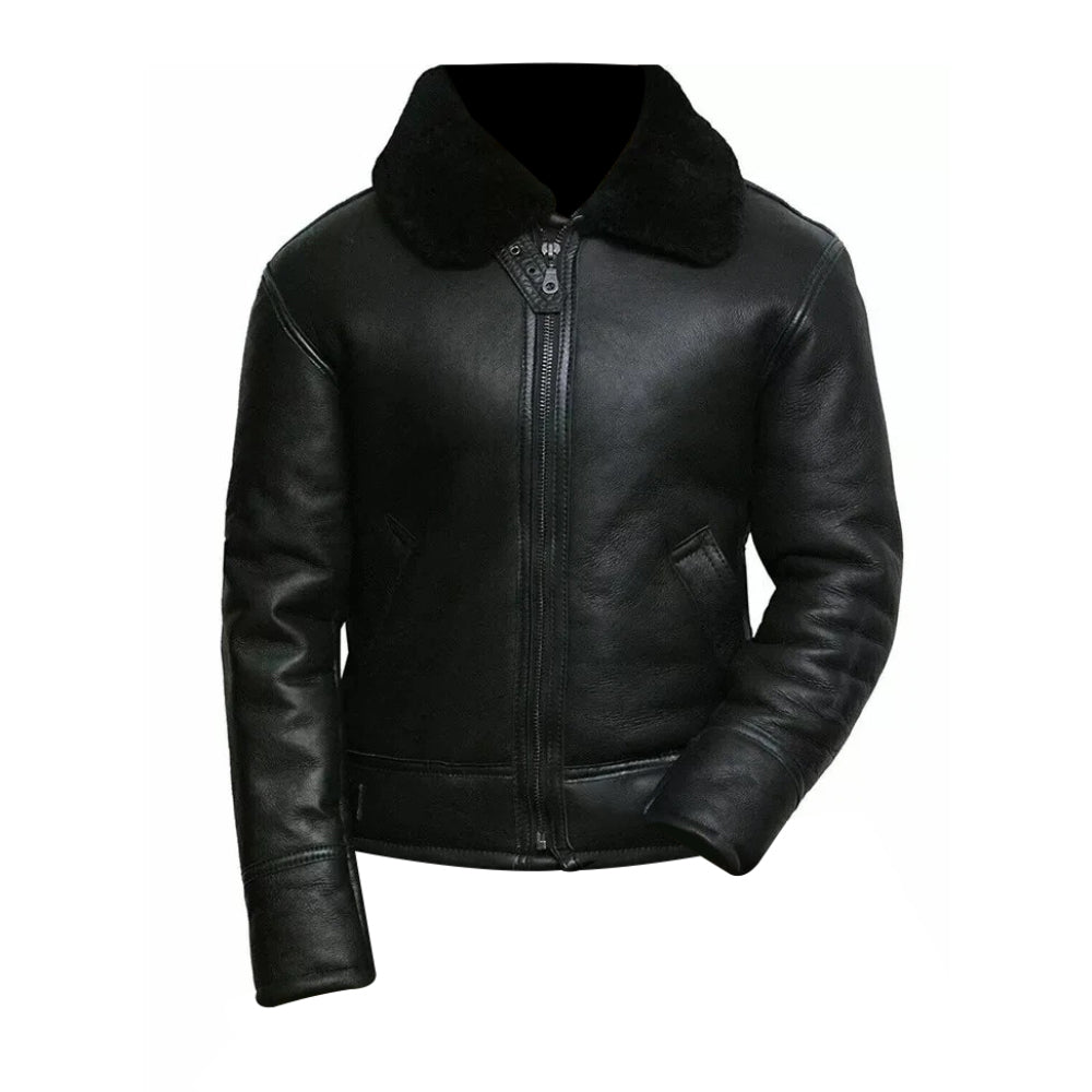 Men's Black Shearling Sheepskin Bomber Jacket