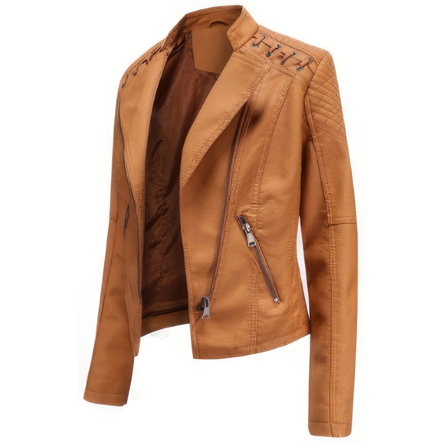 Women’s Camel Brown Biker Genuine Sheepskin Jacket