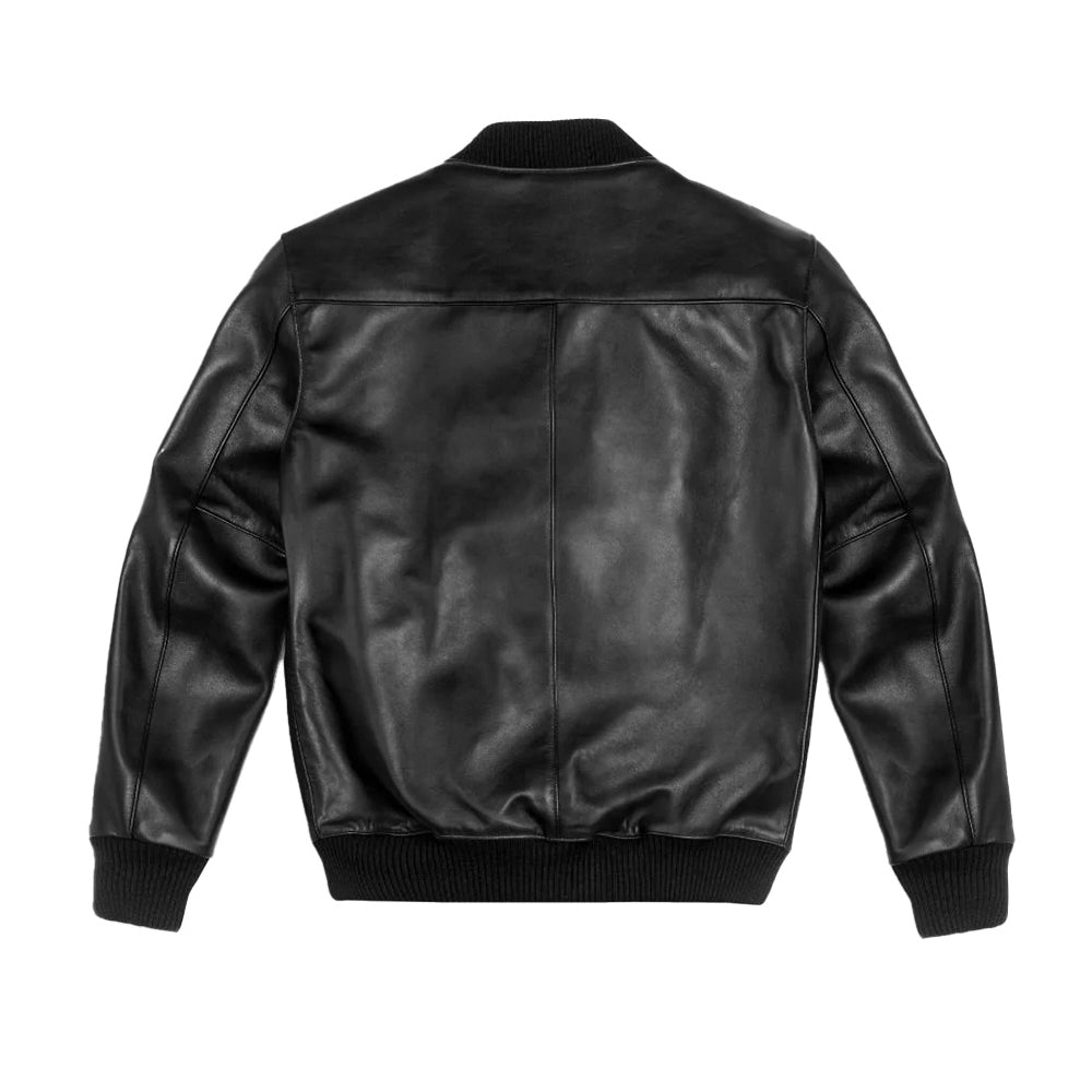 Men Black Bomber Ribbed Leather Jacket