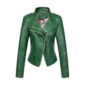 Women's Green Color Asymmetric Zip Slim Leather Cropped Moto Jacket