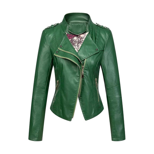 Women's Green Color Asymmetric Zip Slim Leather Cropped Moto Jacket