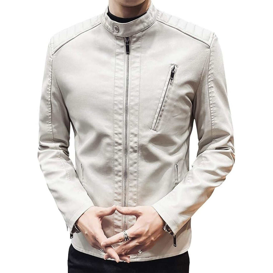 Korean Men's Casual Slim Fit Leather Jacket Full Zip Stand Collar Motorcycle
