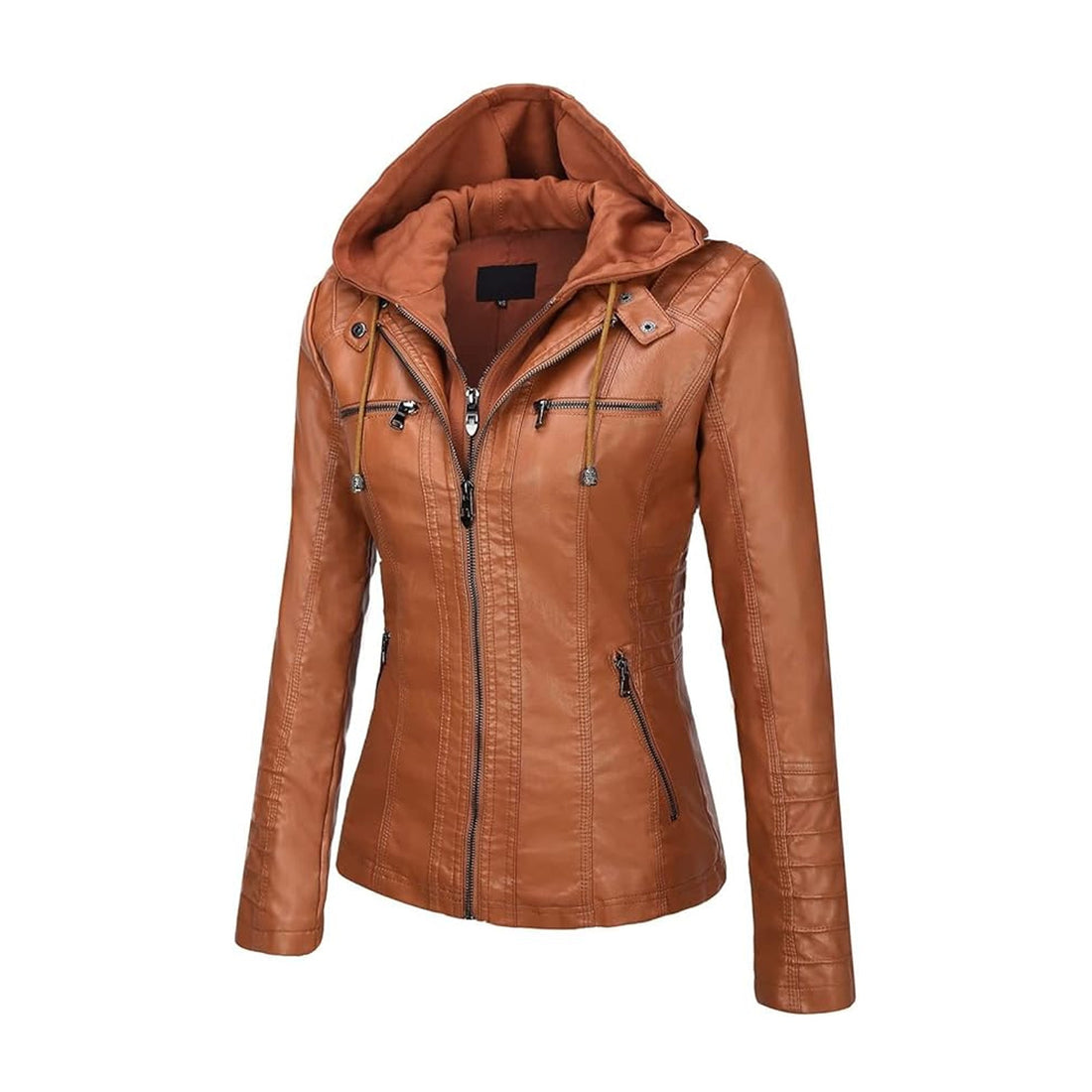 Women’s Zip Up Brown Leather Jacket with Hood