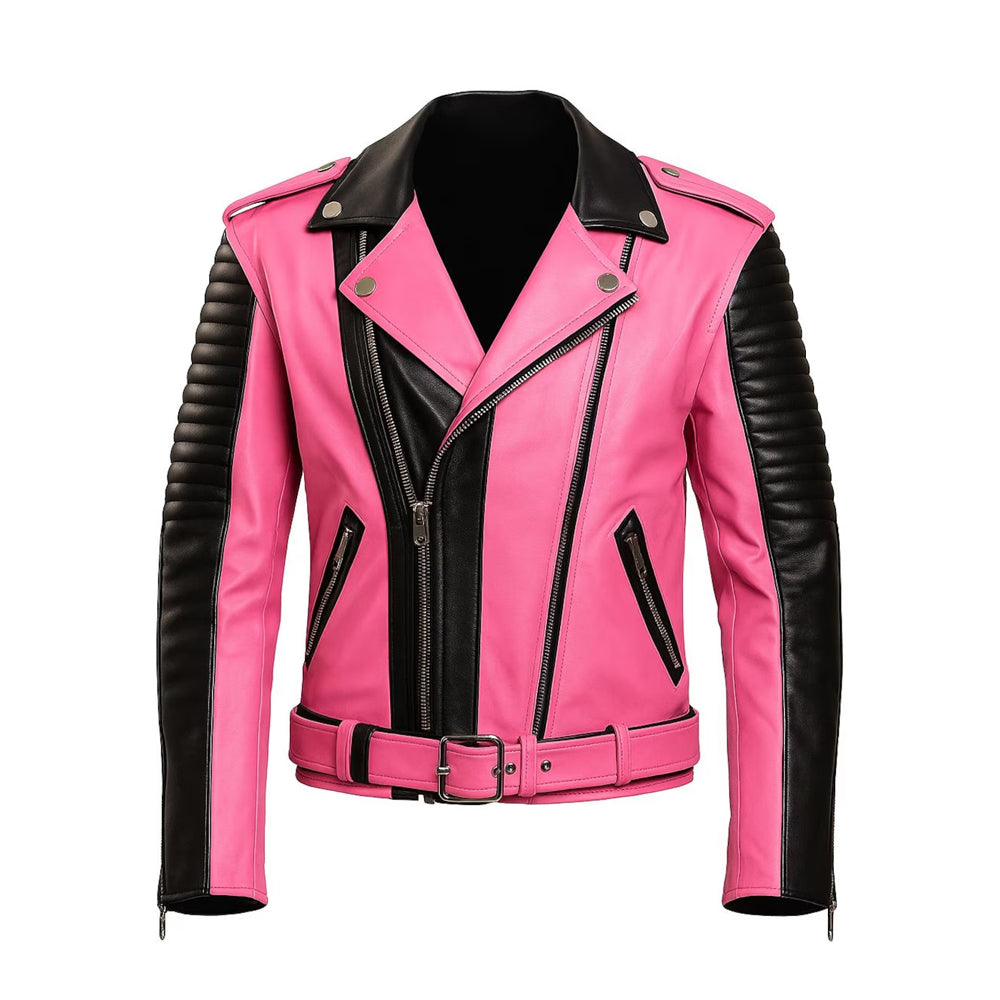 Men's Pink Black Quilted Leather Jacket, Casual Crossover Style with Zippers, Crossover Style Jacket