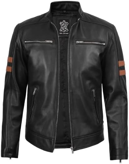 Men's Leather Motorcycle Jacket, Black with Brown Arm Stripes, Zip Front, Stand