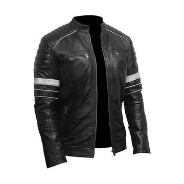 Men's Motorcycle Leather Jacket, Black, Quilted Shoulders, White Racing Stripes, Zip Front