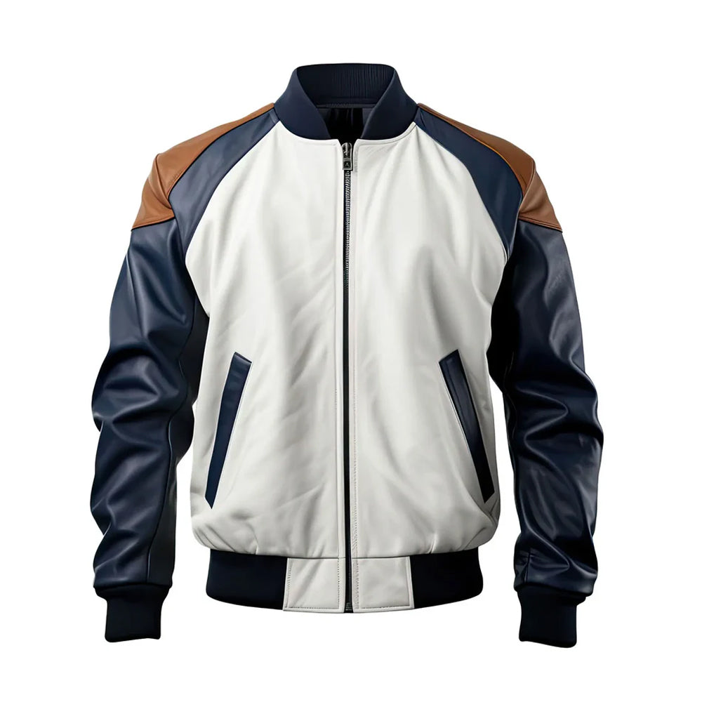 Men's Bomber jacket Real White/Navy Leather Baseball Collar Rib Knit Genuine Leather Bomber Jacket