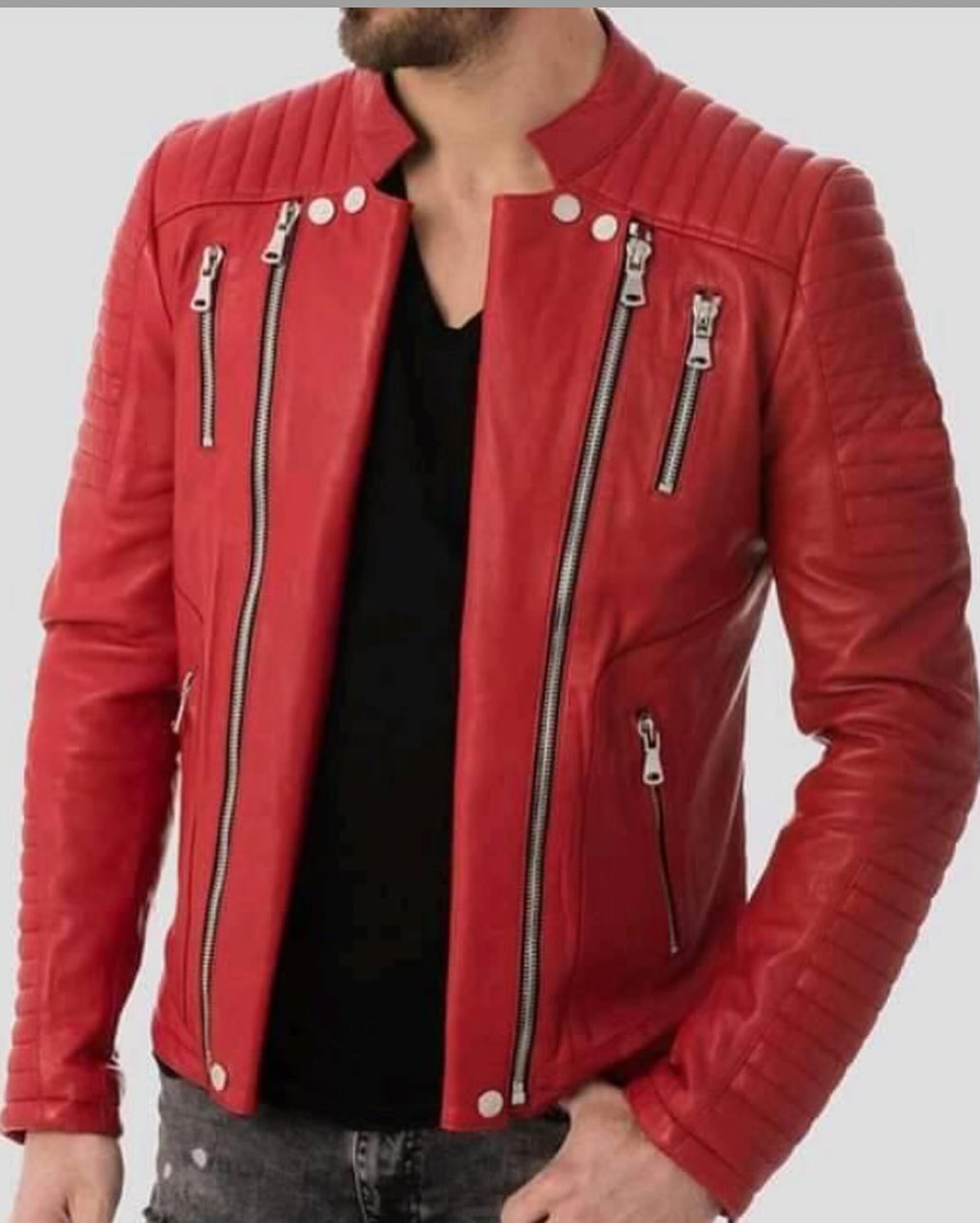 Men Leather Jacket-Leather Mens Rider Jacket-Red Jacket Fashion Jacket