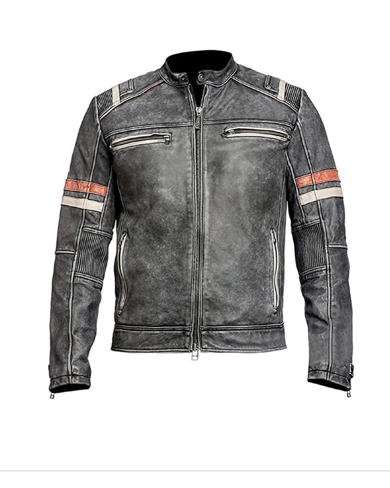 Cafe Racer Vintage Biker Distressed Gray Motorcycle Leather Jacket