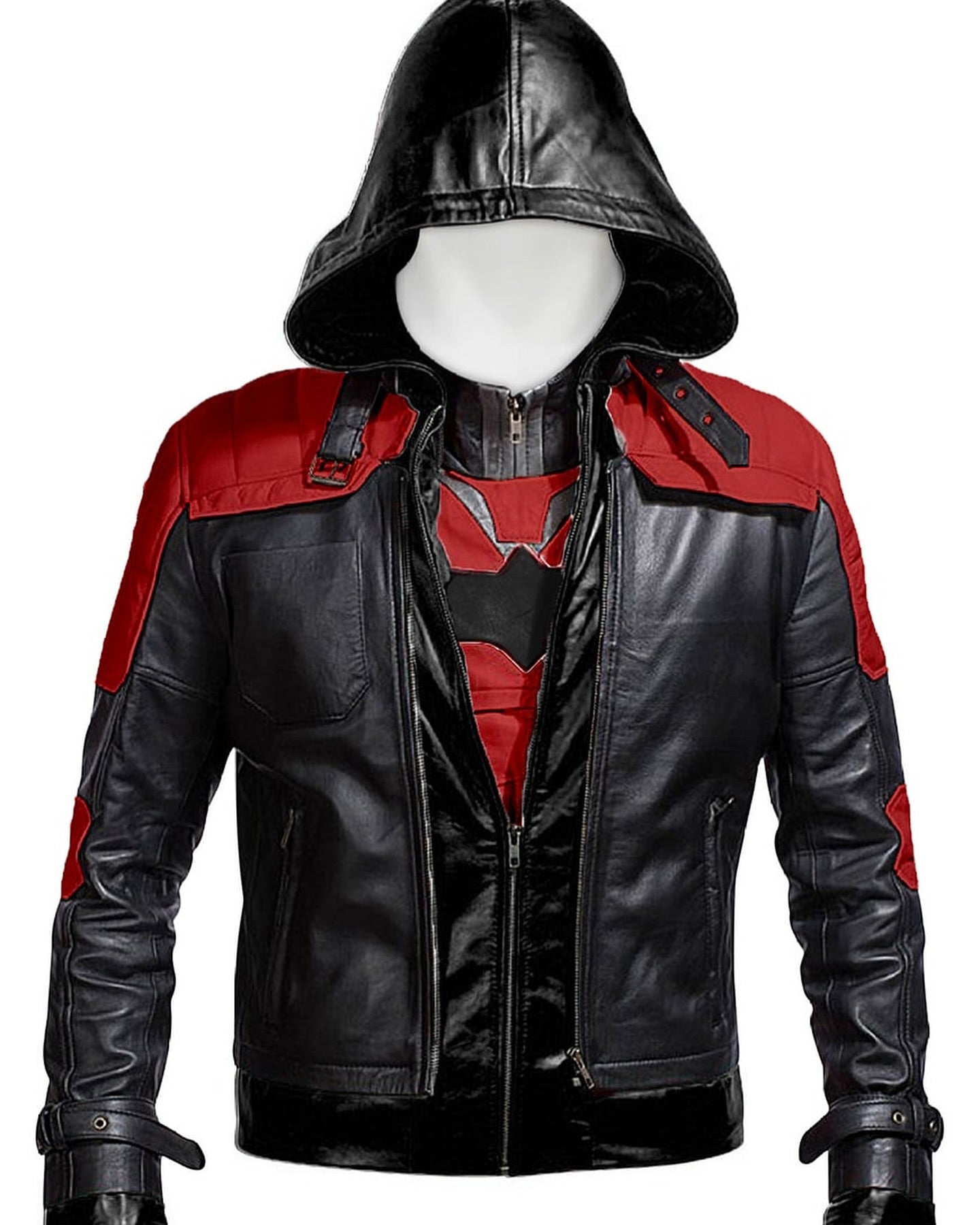 Black Hood Jacket Mens Arkham Jason Todd Bat Logo Black Costume Biker Jacket