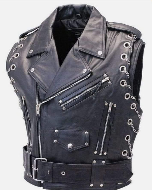 Chromed Out Leather Motorcycle Chain Vest