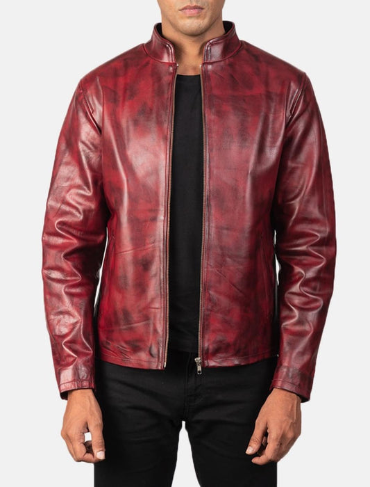 Mens Distressed Red Maroon Leather Jacket