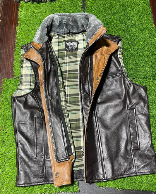 Men’s Black Vest With Brown Shearling Lining – Gilet with Zipper Pockets
