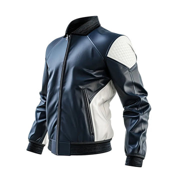 Men's leather jacket Slim Fit Navy Blue White Sheepskin Leather Jacket, Diamond-Stitched Shoulders