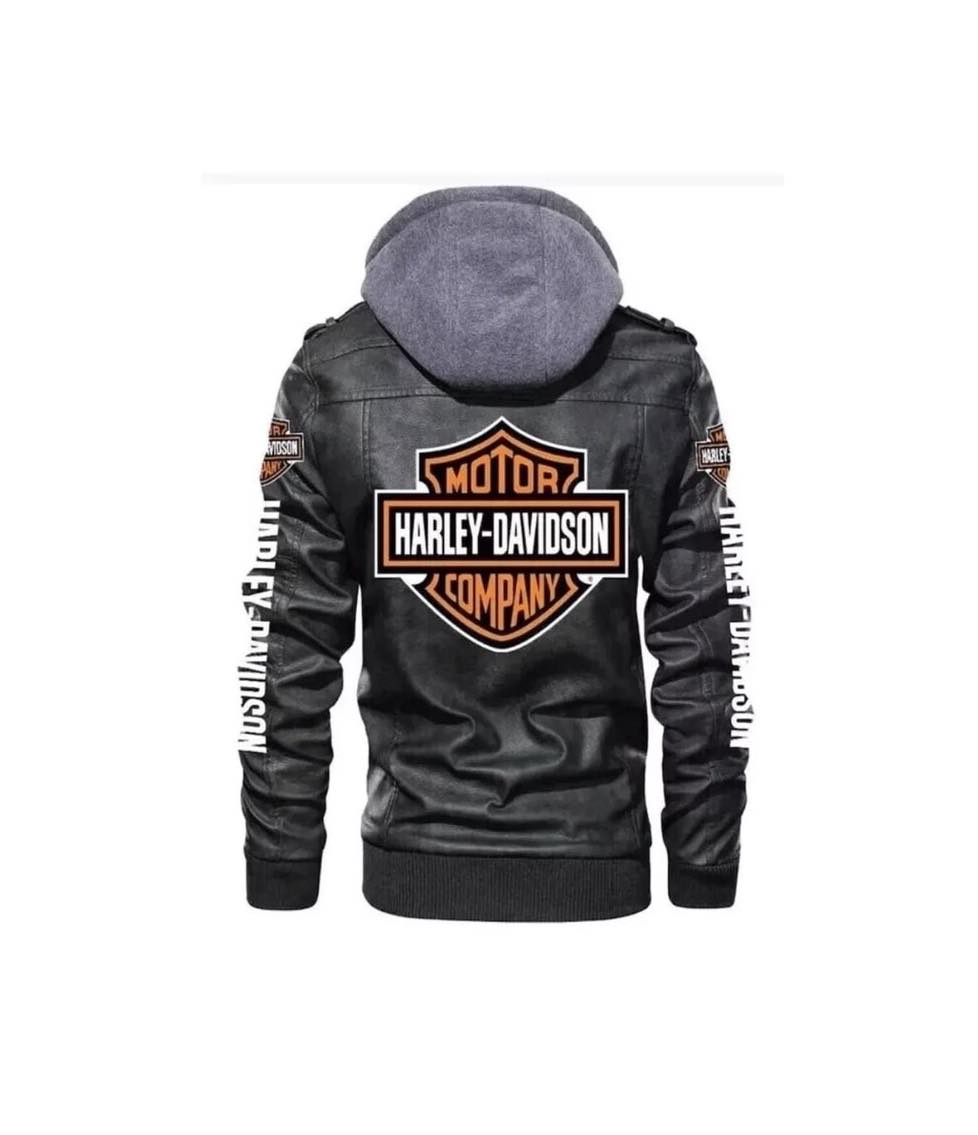 New Harley Davidson Cowhide Black Leather Biker Hoodie Jacket