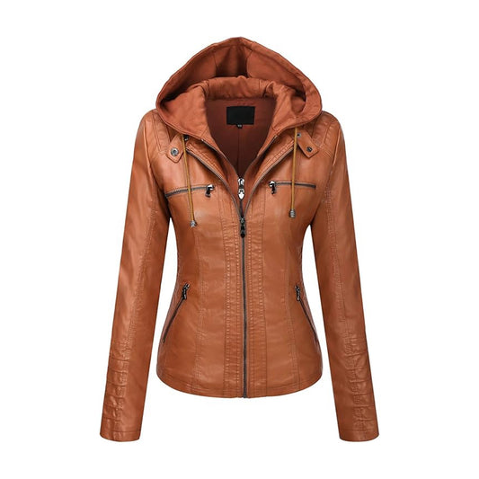 Women’s Zip Up Brown Leather Jacket with Hood