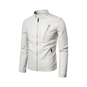 Korean Men's Casual Slim Fit Leather Jacket Full Zip Stand Collar Motorcycle