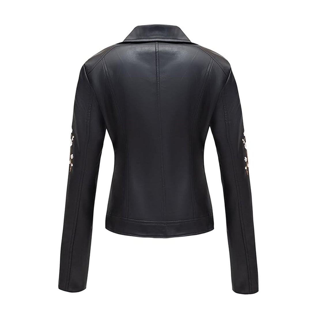 Women's Real Leather Embroidered Casual Lapel Jacket Floral Lightweight Moto Biker Coat for Spring Fall