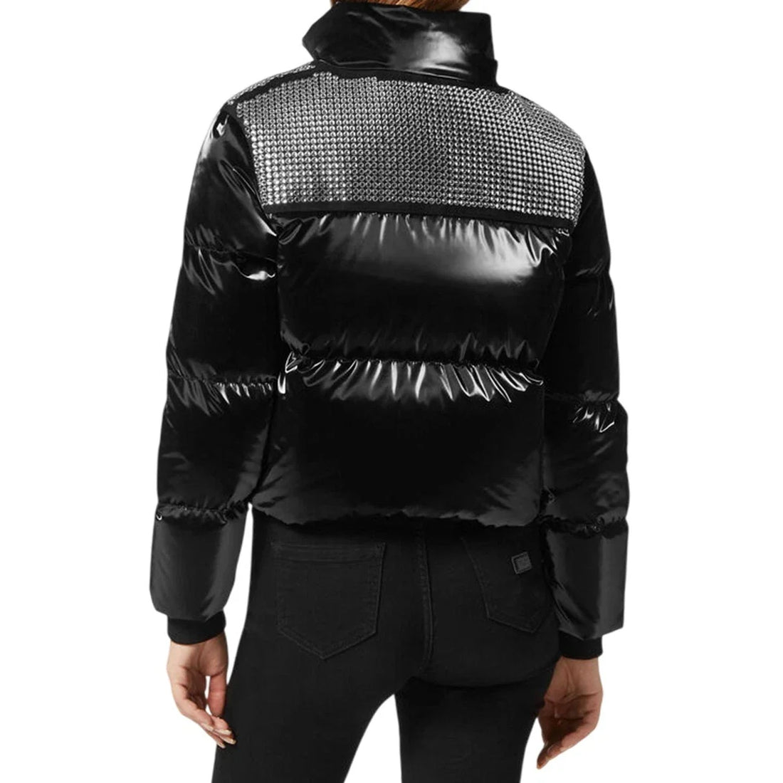 Women Crystal Embellished Glossy Nylon Puffer Jacket