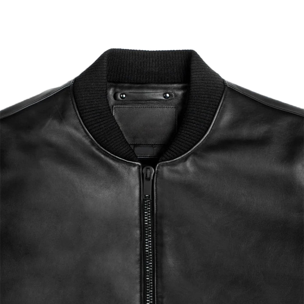 Men Black Bomber Ribbed Leather Jacket