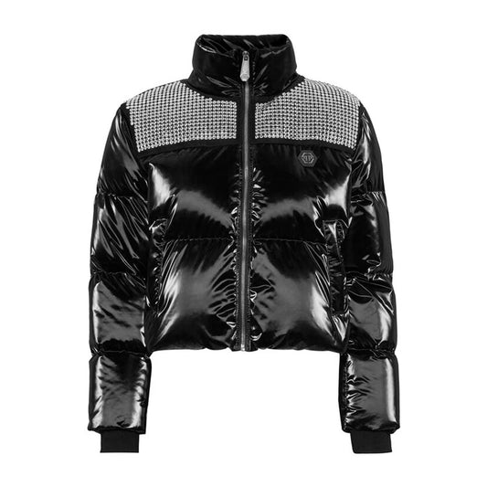 Women Crystal Embellished Glossy Nylon Puffer Jacket
