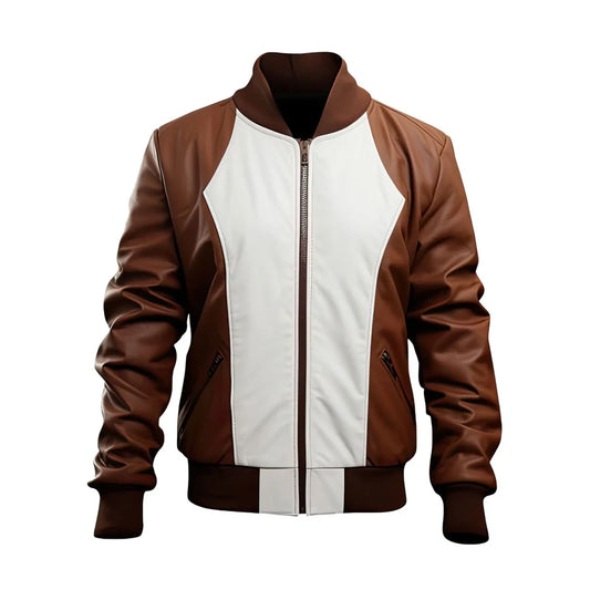 Men's leather jacket Dark Brown White Sheepskin Leather Jacket with Baseball Collar, Casual Sportswear Lightweight