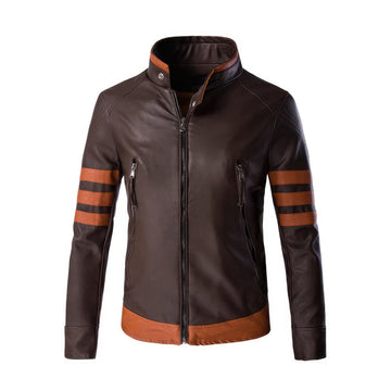 Men's Leather Jacket Brown Genuine Sheepskin Leather Jacket, Tan Strips, Zip-Up, Slim Fit, Racer Casual Style