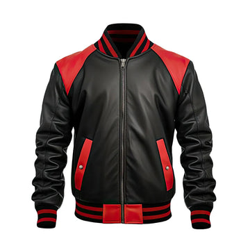 Men's leather jacket Black Sheepskin Baseball Jacket Red Stripes, Casual Classy Outfit