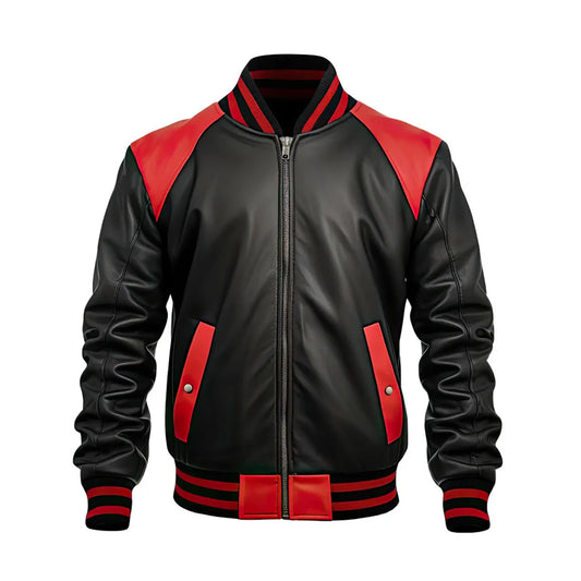 Men's leather jacket Black Sheepskin Baseball Jacket Red Stripes, Casual Classy Outfit